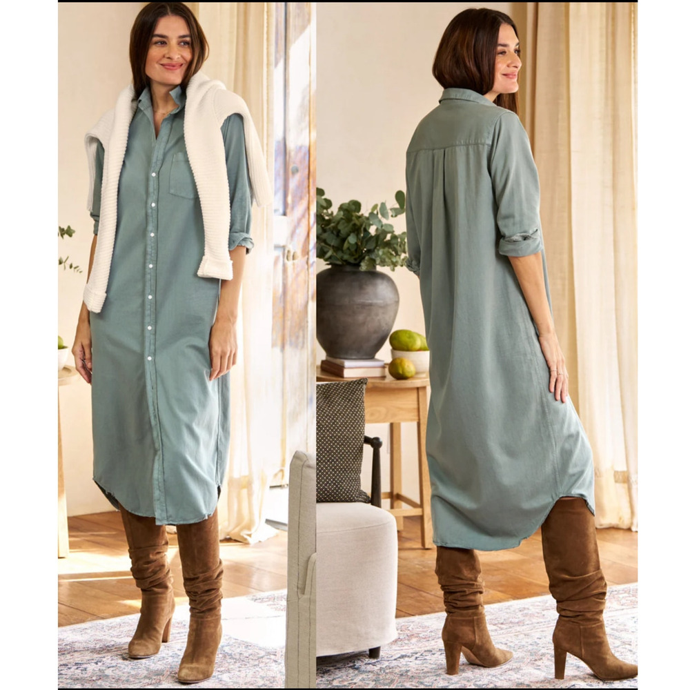 Frank & Eileen Famous Denim Rory Dress Maxi Shirtdress Thyme Green Size Large
